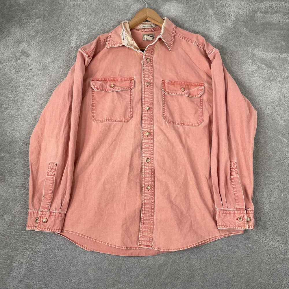 LL Bean Button Down Shirt Mens Medium Salmon Faded Vintage Distressed Workwear